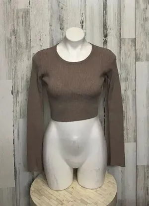 Zara Ribbed Long Sleeve Crop Top Brown Size M Crew Neck Knit Casual thumbnail 1