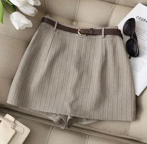 High-Waisted Preppy Striped Skort Skirt with Belt thumbnail 1