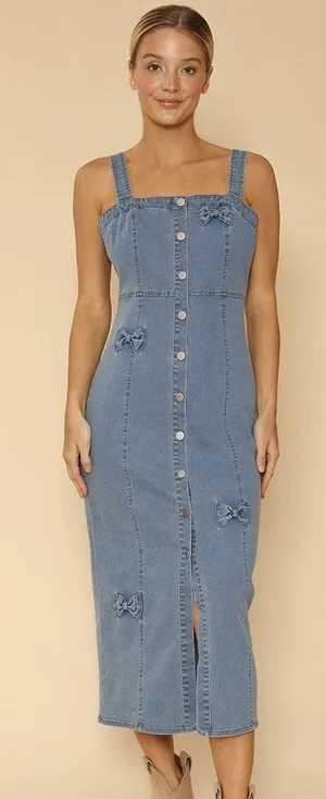 Miss Sparkling Women's Blue Denim Bow Accent Midi Dress Size S. NEW! thumbnail 1