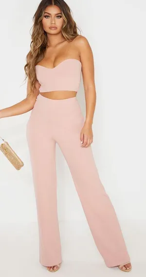 Pretty Little Thing Dusty Pink Wide Leg High Waste Trousers thumbnail 1