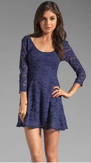 Free People 3/4 Sleeve Lace Dress in Navy Size: Medium thumbnail 1