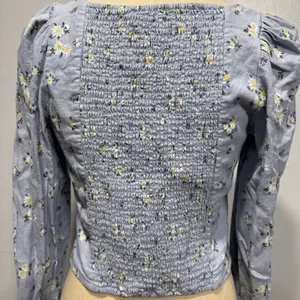 Rachel Zoe Linen Blend Crop Top Sz M Blouse Long Sleeve Square Neck Blue Floral thumbnail 5