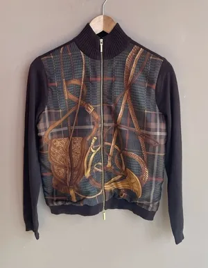 Lauren Ralph Lauren Silk Cashmere Full Zip Printed Jacket in‎ Brown Size Small thumbnail 1