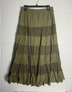Reba Olive Green Cotton Tiered patch Skirt Lace Swiss Dot Boho Large cottagecore thumbnail 1