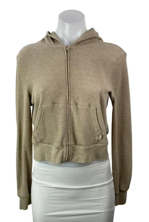 Aritzia TNA Tan Waffle Knit Thermal Full Zip Cropped Hoodie Hooded Sweatshirt S thumbnail 1