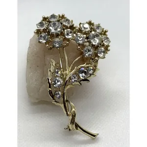 Vintage Flower Floral Gold Tone Clear Rhinestone‎ Pin Brooch Nature 70s Style thumbnail 2