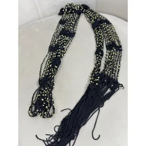 Women’s Black Crocheted Gold Bead Fringe Necklace Scarf Belt 72x2 thumbnail 5