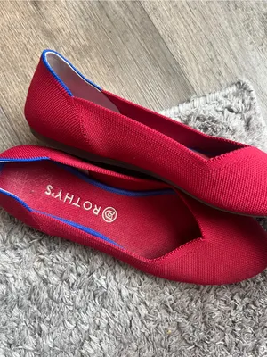 Rothy's Red Knit Pointed Ballet Flats with Blue Trim thumbnail 10