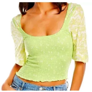 Free People Marigold Smocked Crop Top Key‎ Lime Green SS Size Large NWT thumbnail 1