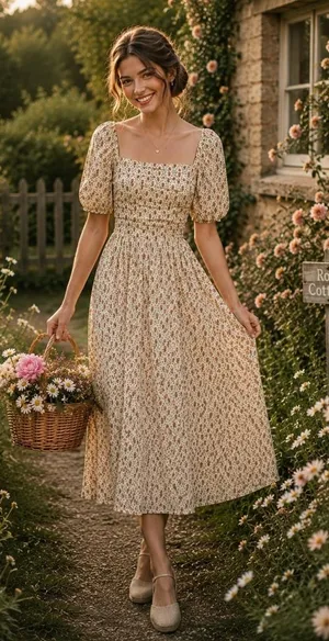 O.P.T.‎ One Pretty Time River Smocked Floral Midi Dress Puff Sleeves X-Small thumbnail 1