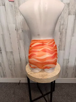 SheIn Retro Wave Sheer Mesh Mini Skirt Swim Cover Up Womens XS Orange Swirl thumbnail 4