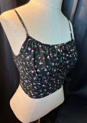 Forever 21 Black Pink‎ Floral Smocked Crop Cami Top Small thumbnail 1