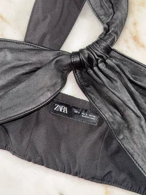 ZARA Black Leather One Shoulder Knot Crop Top Lambskin Stretch Band Small EUC thumbnail 8