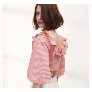 NWT ZARA Red White Stripe Puff Sleeve XS Crop Top Woman Ruffle‎ Cottage Boho thumbnail 2