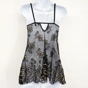 Fredericks of Hollywood Womens Black Gold Floral Lace Whimsigoth Babydoll Slip M thumbnail 8