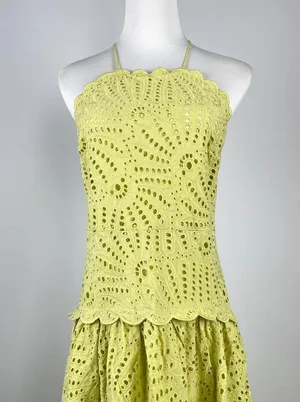 NWOT Farm Rio Embroidered Eyelet A-Line Asymmetry Beads Midi Dress Size L Cotton thumbnail 7