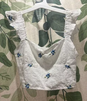 White Eyelet Crop Top with Blue Embroidered Florals thumbnail 1