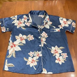 Floral Blue Satin Sleep Shirt Pajama Top Size M thumbnail 1