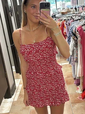 OLIVACEOUS Red Floral Smocked Mini Dress – Size S thumbnail 1