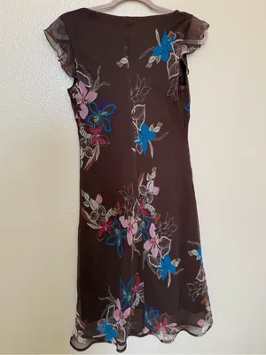 Floral V-Neck Brown Midi Dress with Pink & Blue Accents thumbnail 3