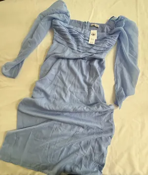Abercrombie and fitch chiffon midi dress puff sleeve blue new thumbnail 1