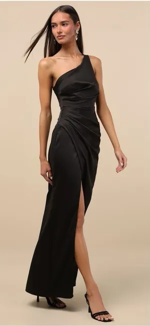 LULU’S Dreaming Of Elegance Black Satin One-Shoulder Maxi Dress thumbnail 1