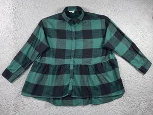 American Eagle Button Up Shirt Women XL Green Buffalo Plaid Peplum L/S Boho Chic thumbnail 1