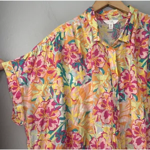 Bright Floral Linen Top Size XXL Button Up Shirt Tropical Summer Dopamine Resort thumbnail 3