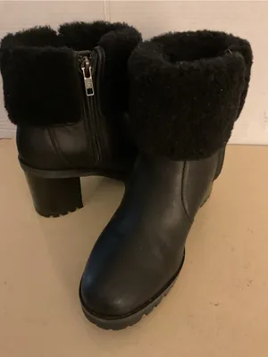 UGG women Black leather shearling platform waterproof heel boots US 7.5 thumbnail 9