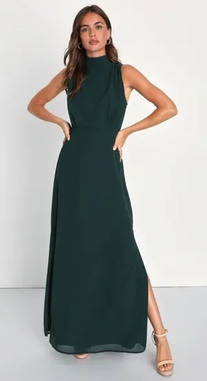 NWOT Lulus Classic Elegance Emerald Chiffon Sleeveless Mock Neck Maxi Dress Sz L thumbnail 1