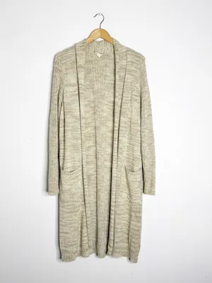 Anthropologie Long Open Front Duster Cardigan XL Beige Knit Pockets thumbnail 3