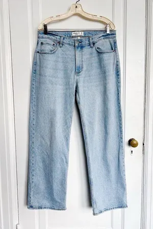 Abercrombie • Curve Love Low Rise Baggy Jean medium light wash faded distressed loose thumbnail 1