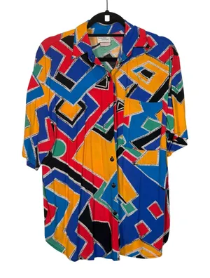 Bobbie Brooks Geometric Print Short Sleeve Button Up Shirt Women 90s VTG Large thumbnail 1