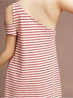 Maeve Anthropologie Dress Small One Shoulder Stripe Red White Summer Party Boat thumbnail 3