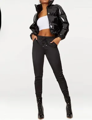 NWT Nanyfair Women's Black Shiny Vinyl Cropped Puffer Jacket Size L thumbnail 2