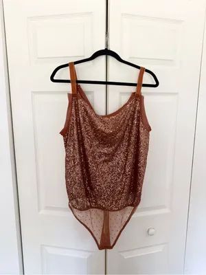 NWT Free People Shimmer & Shine Bodysuit in Sunset Orange Brown Sequins Size XL thumbnail 3