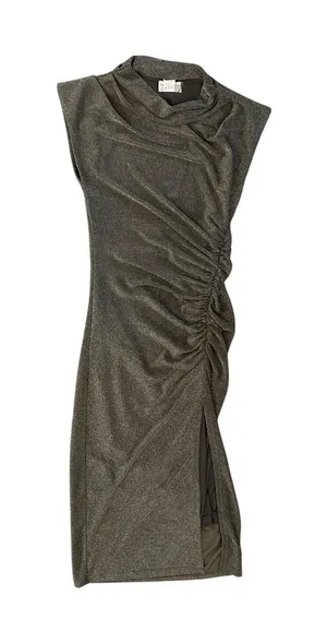 Dress Forum Los Angeles Metallic Shimmer Ruched Mock Neck Midi Dress Silver Gold thumbnail 1