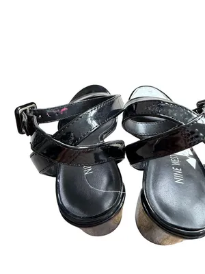 NINE WEST Patent Block Black Sandals Heels Size 8 thumbnail 4