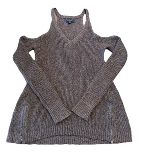 American Eagle Women's Cold Shoulder Brown Knit Sweater Zipper‎ Detailing Sz SM thumbnail 3
