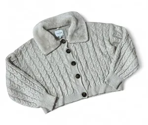 PINK ROSE Cable Knit Faux Fur‎ Collar Cardigan Sweater Cream Beige Penny Lane thumbnail 1