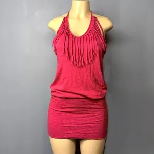 Red Heather Fringe Halter Micro Mini Dress Medium Bodycon thumbnail 2