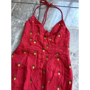 Farm Rio Red Embroidered Pineapple Halter Jumpsuit Linen Blend XS SN 294030 thumbnail 2