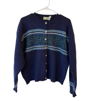 L.L.Bean Long Sleeve Nordic Cardigan Sweater 100% Pure Wool Blue Women's Large thumbnail 1