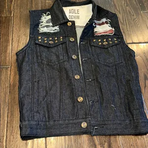 Agile denim sleeveless dark wash Denim Vest Studded Details & America detail thumbnail 3