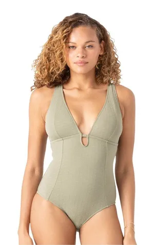 NWT Roxy Womens One Piece Plunge Swimsuit 434001983 Oil Green M thumbnail 1