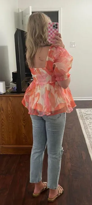 The Clothing Exchange Company Boutique Floral Puffy Sleeve Top (pink and orange) thumbnail 2