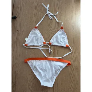 B45 New Women’s AMI Sexy 2Pc White Orange String Bikini Low Rise Medium/Large thumbnail 3