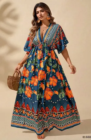 NWOT SHEIN Curve V-Neck Tropical Floral Maxi Dress, 1XL thumbnail 1