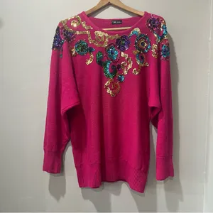 Vintage SML Glitz 80s Pink Knit Sequin‎ Funky Cotton Blend Sweater sz XL. thumbnail 5
