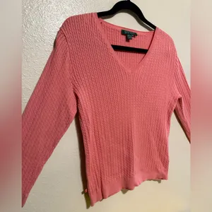 Lauren Ralph Lauren Pink Cotton V-Neck Knit Sweater Women’s Large Preppy thumbnail 3
